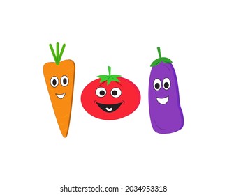 Cartoon vegetable cute character facing isolated on white background vector illustration. Vegetable emoticon. Food emoji face Cartoon