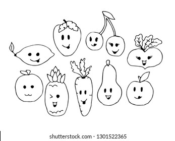 Cartoon vegetable cute characters face isolated on white background vector illustration. Funny vegetable face icon vector collection. Cartoon face food emoji. Vegetable emoticon. Funny food concept.