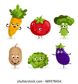 Cartoon vegetable cute characters face isolated on white background vector illustration. Funny vegetable face icon vector collection. Cartoon face food emoji. Vegetable emoticon. Funny food concept.