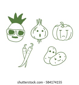 Cartoon vegetable cute characters face isolated on white background vector illustration. Cartoon face food. Vegetable emoticon. 
