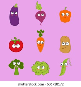 Cartoon vegetable cute characters face vector illustration Funny food emoji emoticon concept