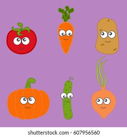 Cartoon vegetable cute characters face vector illustration Funny food emoji emoticon concept