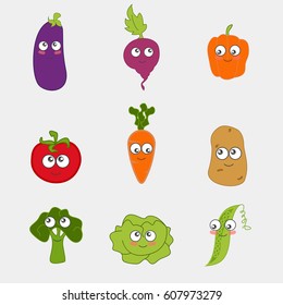 Cartoon vegetable cute characters face vector illustration Funny food emoji emoticon concept