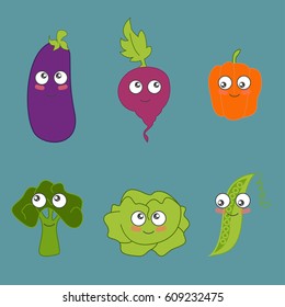 Cartoon vegetable cute characters face vector illustration Funny food emoji emoticon concept