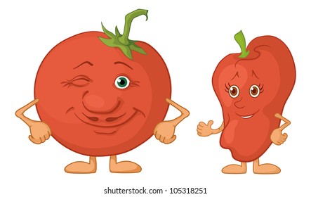 Cartoon, vegetable - friends, characters tomato and pepper. Vector illustration