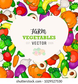 Cartoon vegetable and fruit heart cover. Fresh vegetables fruits print. Healthy vegetable illustration. Market food poster. Broccoli, pumpkin, eggplant. Banana, apple.