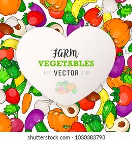 Cartoon vegetable and fruit heart cover. Fresh vegetables fruits print. Market food poster. Broccoli, pumpkin, eggplant. Banana, apple.