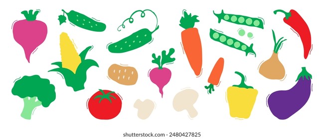 Cartoon vegetable hand drawn, cute character doodle simple set. Tomato, broccoli, carrot, onion, radish, corn, beetroot, pepper, cucumber, eggplant. Funny child food. Baby naive vector illustration