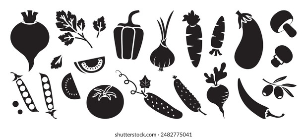 Icono vegetal de dibujos animados, siluetas negras. Tomate, brócoli, zanahoria, cebolla, rábano, maíz, remolacha, pimiento, pepino, papa, hongo, berenjena, guisante, oliva. Comida orgánica. Ilustración vectorial de granja