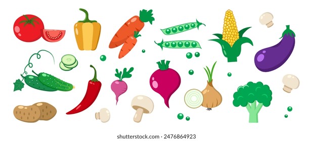 Cartoon vegetable icon, cute character set. Tomato, broccoli, carrot, onion, radish, corn, beetroot, pepper, cucumber, potato, mushroom, eggplant, pea, Funny food. Farm vector illustration