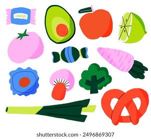 Cartoon vegetable icon, cute character set. Tomato, broccoli, carrot, candy, avocado, bun, lemon, coockies, mushroom, onion, apple. Funny food. Farm vector illustration