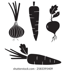 Cartoon Vegetable Icons Black Silhouettes of Tomato, Broccoli, Carrot, Onion, Radish, Beetroot, and Pepper