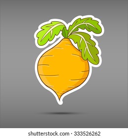 Cartoon vegetable isolated on grey background. Sticker turnip. Funny  vegetable in paper cut style. Applique Background. Eco vagetable icon
