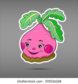 Cartoon vegetable isolated on grey background. Sticker radish. Comic character russian tale. Funny smile vegetable in paper cut style. Applique Background
