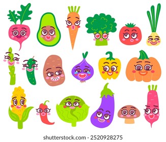 Cartoon vegetable mascots. Funny fresh vegetables with cute faces and happy facial expressions. Healthy food characters, isolated playful vector illustration set.