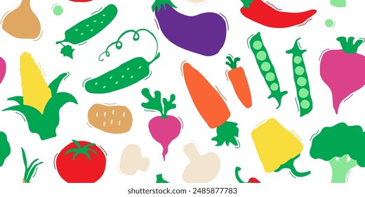 Patrón sin fisuras vegetal de la historieta, fondo lindo del carácter. Graciosa impresión de comida infantil. Juego de ensalada dibujado a mano. Un Fondo de pantalla ingenuo. Ilustración vectorial