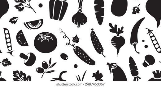 Cartoon vegetable seamless pattern, Organic food background. Tomato, broccoli, carrot, onion, radish, corn, beetroot, pepper, cucumber black silhouettes. Farm print. Vector illustration