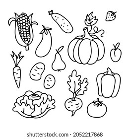 Cartoon vegetable set. Bundle - cute pumpkin, corn, cabbage cucumber, carrot, tomato, pepper, strawberry, pear, plum, potato, beet for kids. Vector lines food for coloring book or woodburning.