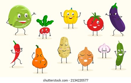 Cartoon vegetable set. Collection of funny characters for childrens. Graphic elements for website and stickers for social networks. Cartoon flat vector illustrations isolated on white background