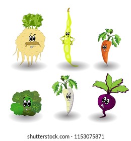 Cartoon vegetable set. Cute characters vegetable face isolated on white background vector illustration. Six funny vegetable face icon vector collection. Cartoon face food emoji. Vegetable emoticon. 