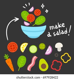 Cartoon vegetable set for making a salad bowl. Food ingredient constructor icons. Flat design vector illustration.