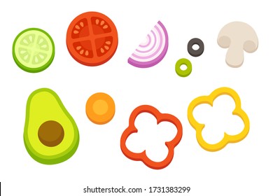 Cartoon vegetable set, veggies cut and prepped for salad or cooking. Simple flat design food icons vector illustration.