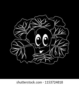 Cartoon vegetable -  silhouette broccoli, cabbage. Cute character vegetable broccoli, cabbage face isolated on black background vector illustration. Simple  silhouette broccoli, cabbage  icon vector