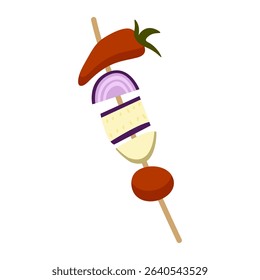 Cartoon Vegetable Skewer Illustration. Colorful cartoon skewer with assorted grilled vegetables on a stick. Flat style, isolated on white background.