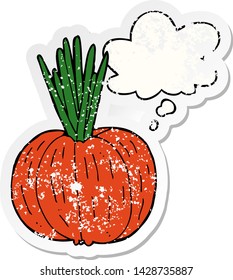 cartoon vegetable with thought bubble as a distressed worn sticker