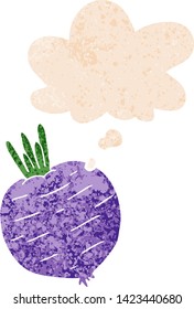 cartoon vegetable with thought bubble in grunge distressed retro textured style