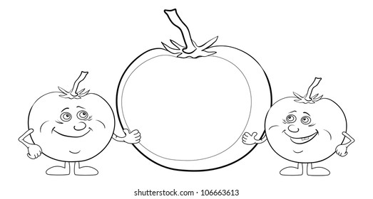 Cartoon, vegetable, two characters tomatoes show a big poster - tomato, black contour on white background. Vector illustration