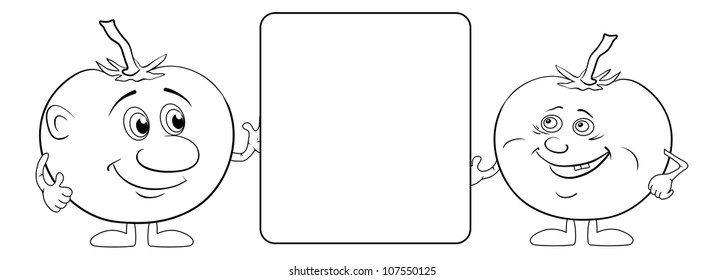 Cartoon, vegetable, two characters tomatoes show at the poster, black contour on white background. Vector illustration