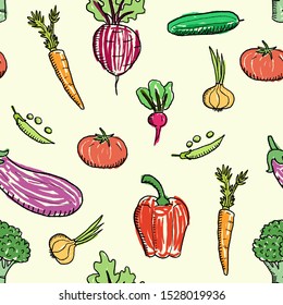 Cartoon vegetable vector. Seamless doodle vegetable texture.