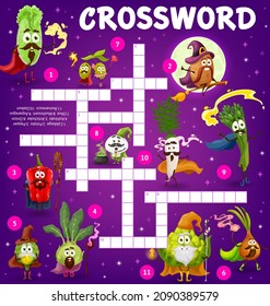 Los magos y magos de vegetales de dibujos animados, la cuadrícula de juego de crucigramas, el vector encuentra una hoja de cálculo de preguntas y respuestas. Los niños cruzan el juego de palabras con personajes del mago de la pimienta, la espinaca y la cebolla con varita mágica