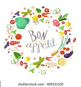 Cartoon vegetables. Bon appetit. Background vegetables. 