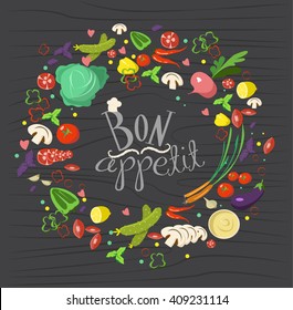 Cartoon vegetables. Bon appetit. Background vegetables. 