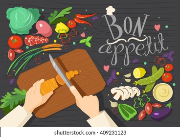 Cartoon vegetables. Bon appetit. Background vegetables.Cooking