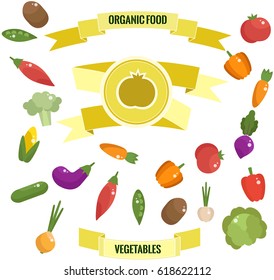 Cartoon vegetables bright colored flat set, isolated icons with outline with inscriptions and badge