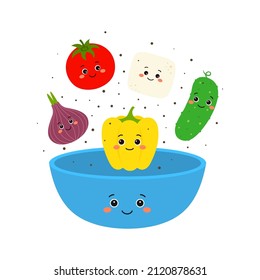 cartoon vegetables characters in salad bowl isolated on white background, cute happy tomato, cucumber, onion, pepper and cheese falling in bowl