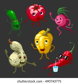 Cartoon vegetables characters set with pepper in sunglasses and moustached cucumber on black background isolated vector illustration 