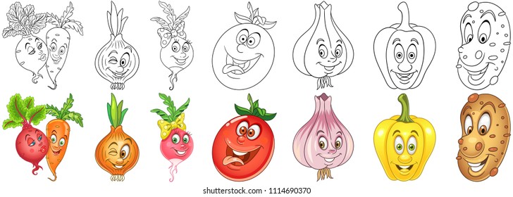 Cartoon Vegetables Collection. Coloring pages and colorful designs for coloring book, t-shirt print, icon, logo, label, patch, sticker. Vector illustrations.