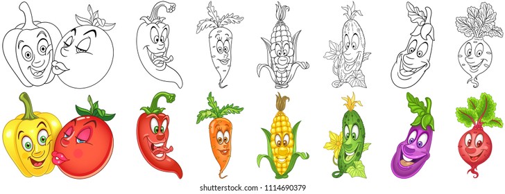 Cartoon Vegetables Collection. Coloring pages and colorful designs for coloring book, t-shirt print, icon, logo, label, patch, sticker. Vector illustrations.