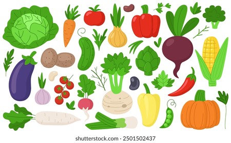 Colección de verduras de dibujos animados. Verduras y hierbas frescas sobre un fondo blanco. Cosecha de varias verduras: repollo, berenjena, pepino, tomate, calabaza y otros.