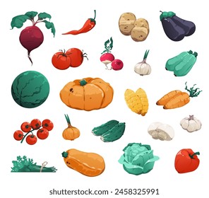 Cartoon vegetables collection, pepper eggplant and carrot. Vector of pumpkin and broccoli, eggplant food healthy, vegetable vegetarian fresh illustration