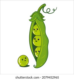 Cartoon vegetables. Cute character from green peas, beans, pod, for kids Vector Isolated food Illustration