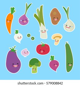 Cartoon vegetables cute characters face on blue background. Vector collection . Emoticon emoji. Funny food concept.