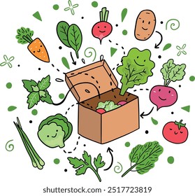 Cartoon vegetables depicted in a bright and playful style. Healthy food including carrots, tomatoes, broccoli, and other veggies, perfect for kids' projects, illustrations, and nutrition posters.