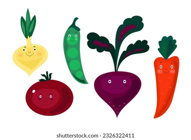 Cartoon vegetables eating for child, funny cute veggies characters, kawaii healthy food.