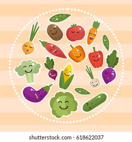 Cartoon vegetables with faces bright colored flat set, isolated icons with outline on striped background in frame