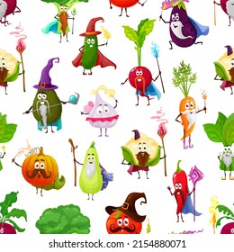 Cartoon vegetables, fairy wizards, warlock mages and magician characters, vector seamless pattern background. Vegetables wizards magicians with magic wands, pumpkin and cucumber with pepper and carrot